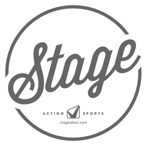 Circular white logo with grey text on top that reads STAGE Action Sports stageideas.com